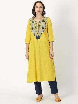 Saffron Threads - Yellow Slub Kurta with Kashida Embroidery