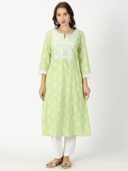 Saffron Threads - Pastel Green Floral Print Kurta with Chikankari Embroidery