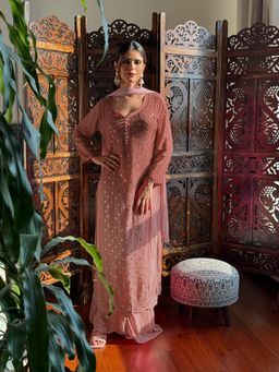 Label Aishwaryrika - Rustic Rose Chikankari Mukaish Kurta with Palazzo and Dupatta (Set of 3)