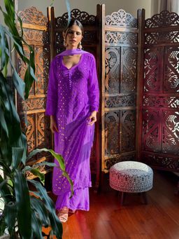 Label Aishwaryrika - Iris Purple Chikankari Mukaish Kurta with Palazzo and Dupatta (Set of 3)