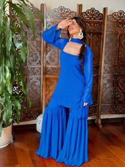 Label Aishwaryrika - Berry Blue Chikankari Sharara with Kurti and Dupatta (Set of 3)