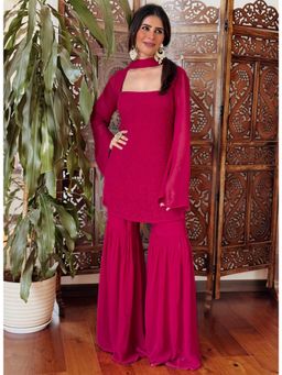 Label Aishwaryrika - Burnt Magenta Chikankari Sharara with Kurti and Dupatta (Set of 3)