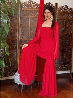 Label Aishwaryrika - Turkey Red Chikankari Sharara with Kurti and Dupatta (Set of 3)
