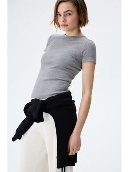 H&M - Women Grey Ribbed T-Shirt