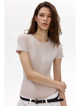 H&M - Women Beige Short-Sleeved Microfibre Bodysuit