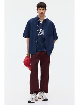 H&M - Men Blue Relaxed Fit Short-Sleeved Oxford Shirt