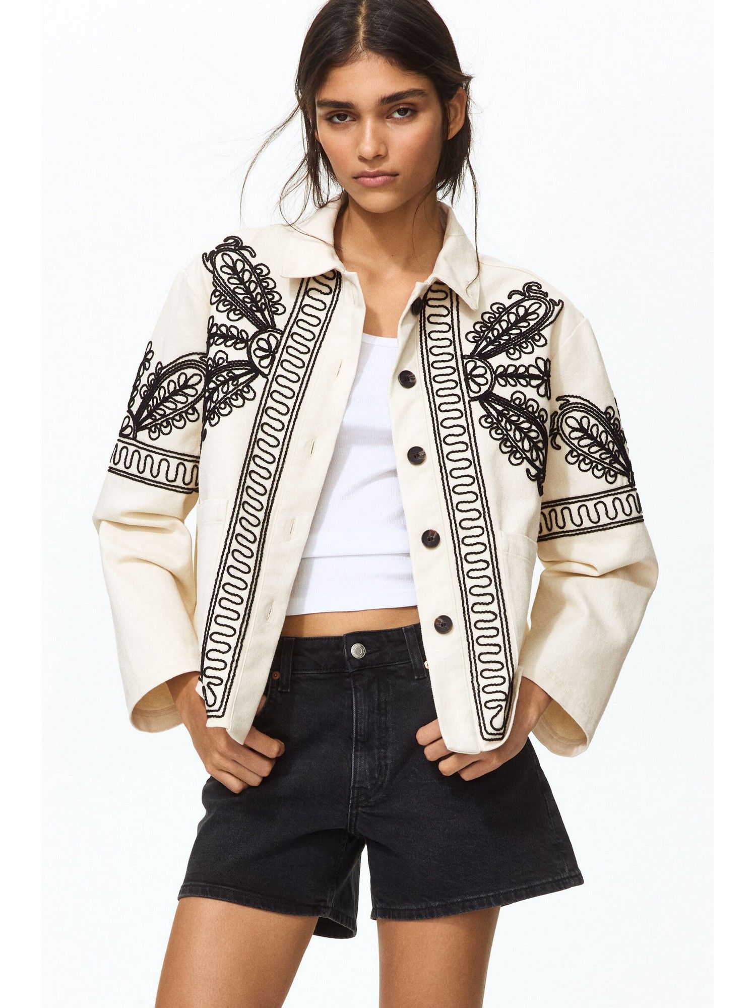 h&m Women Beige Embroidered Twill Jacket-picture-20