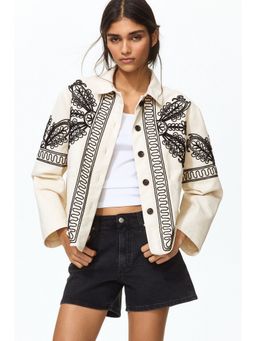 H&M - Women Beige Embroidered Twill Jacket