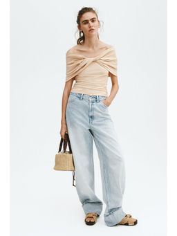 H&M - Women Beige Twist-Detail Off-The-Shoulder Top