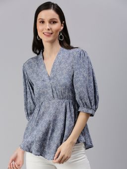 SHOWOFFFF - Women's Abstract Cinched Waist Grey V-neck Top