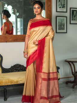 Odette - Cream Festive Art Silk Saree with Unstitched Blouse