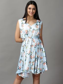 SHOWOFF - Womens V-Neck Mini Blue Floral Dress (Set of 2)