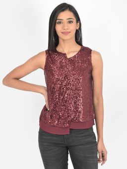 Latin Quarters - Maroon Sleeveless Sequence Solid Blouse