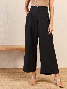 Kibo - Womens Solid Black Pleated Wide Trouser