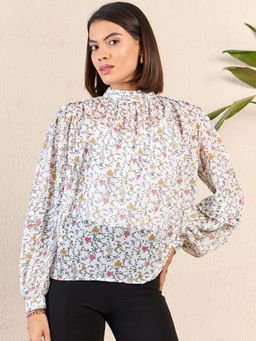 Kibo - Womens White High Neck Cuffed Sleeve Blouse Top