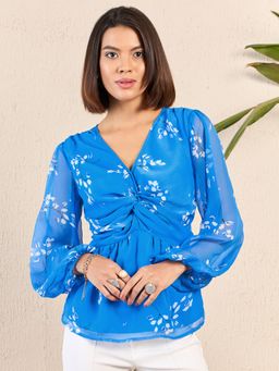 Kibo - Womens Blue Twist Detail Long Sleeve Blouse Top