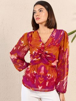 Kibo - Womens Multi-Color Twist Detail Long Sleeve Blouse Top