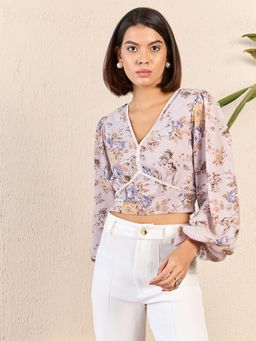 Kibo - Womens Lace Trim Bow Detail Blouse Crop Top