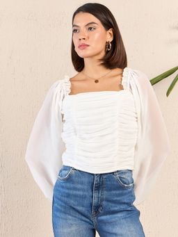 Kibo - Womens Solid White Ruched Georgette Top