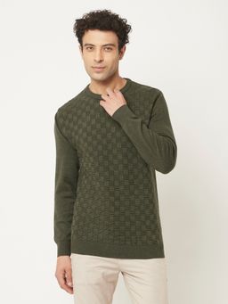 CRIMSOUNE CLUB - Men Army Green Sweater in Self Design Pattern