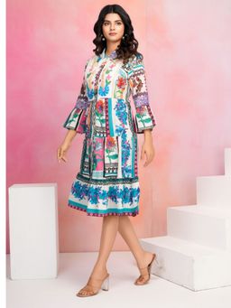 KAFTANIZE - Multi Color Embroidered Multi Color Floral Printed Midi Dress
