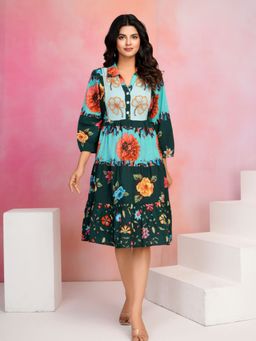 KAFTANIZE - Olive Green Placement Multi Floral Printed Beads Work with Button Midi Dress