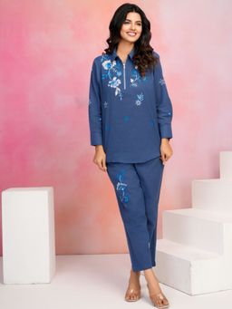 KAFTANIZE - Women Navy Blue Cotton Flex Floral Co-Ord (Set of 2)