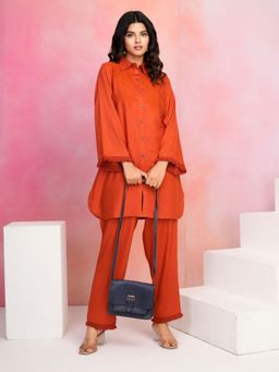 KAFTANIZE - Women Orange Rayon Embroidered Co-Ord (Set of 2)