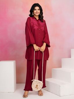 KAFTANIZE - Women Red Rayon Embroidered Co-Ord (Set of 2)