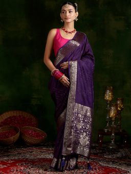 Libas - Purple Ethnic Motif Woven Design Tassel Saree with Unstitched Blouse