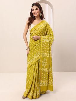 Libas - Lime Green Ethnic Motifs Block Print Saree with Unstitched Blouse