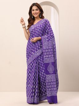 Libas - Purple Ethnic Motifs Block Print Saree with Unstitched Blouse