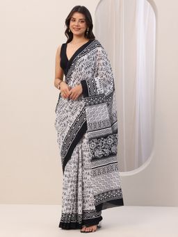 Libas - Black and White Cotton Block Printed Saree with Unstitched Blouse