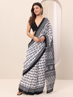 Libas - Black and White Cotton Block Printed Saree with Unstitched Blouse