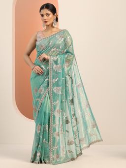 Libas - Sea Green Zari Embroidered Stone Work Saree with Unstitched Blouse