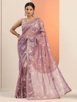 Libas - Mauve Zari Embroidered Stone Work Saree with Unstitched Blouse