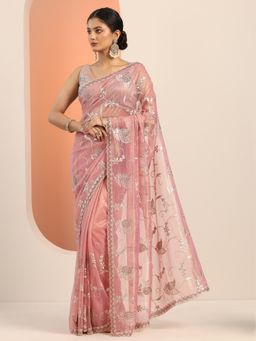 Libas - Pink Zari Embroidered Stone Work Saree with Unstitched Blouse