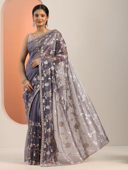 Libas - Grey Zari Embroidered Stone Work Saree with Unstitched Blouse