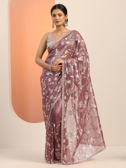 Libas - Mauve Zari Embroidered Stone Work Saree with Unstitched Blouse