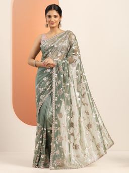 Libas - Pista Green Zari Embroidered Stone Work Saree with Unstitched Blouse