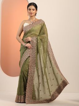 Libas - Olive Beads Stones Work Embroidered Saree with Unstitched Blouse