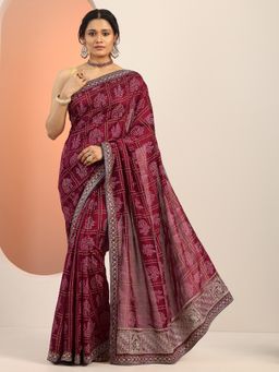 Libas - Maroon Bandhani Printed Embroidered Border Saree with Unstitched Blouse