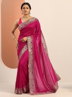 Libas - Rani Pink Silk Blend Embroidered Stone Work Saree with Unstitched Blouse