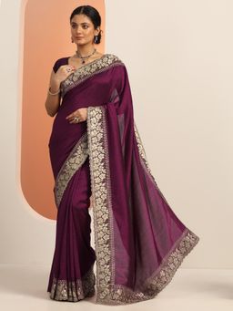 Libas - Wine Embroidered Stone Work Saree with Unstitched Blouse