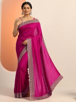 Libas - Fuchsia Pink Embroidered Stone Work Saree with Unstitched Blouse