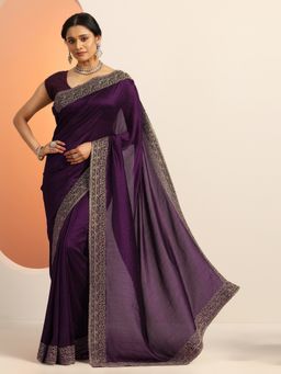 Libas - Purple Embroidered Stone Work Saree with Unstitched Blouse