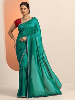 Libas - Green Solid Beads Embellished Border Saree with Unstitched Blouse