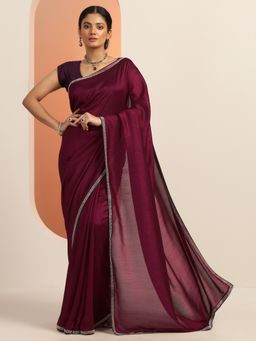 Libas - Maroon Solid Beads Embellished Border Saree with Unstitched Blouse