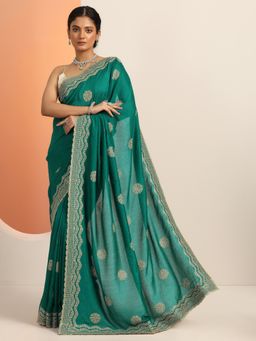 Libas - Green Embroidered Stone Work Saree with Unstitched Blouse