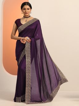 Libas - Purple Zari Embroidered Stone Work Saree with Unstitched Blouse